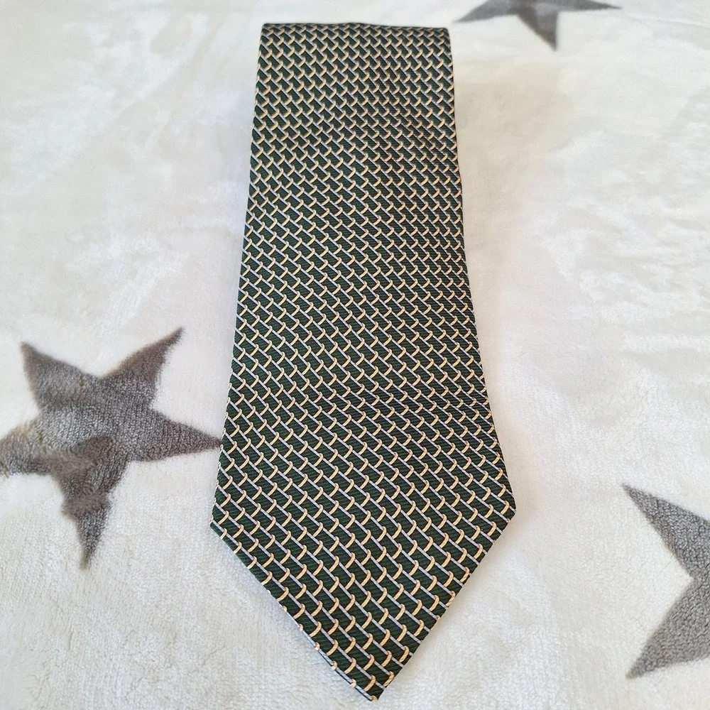 Brooks Brothers 346‎ Green Gold Geometric Tie Preppy Dapper Silk Wedding USA New